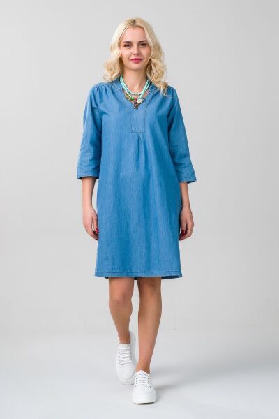 Cepli Yıkanmış Pamuk Likralı Elbise İndigo Açık Mavi 3/4 kol - XS