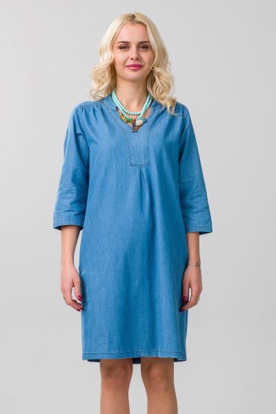 Cepli Yıkanmış Pamuk Likralı Elbise İndigo Açık Mavi 3/4 kol - XS