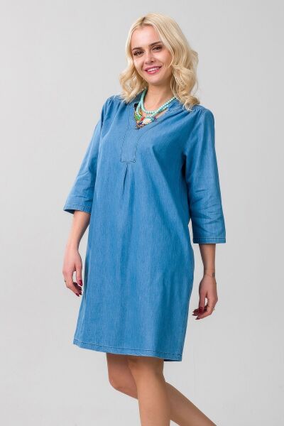 Cepli Yıkanmış Pamuk Likralı Elbise İndigo Açık Mavi 3/4 kol - XS