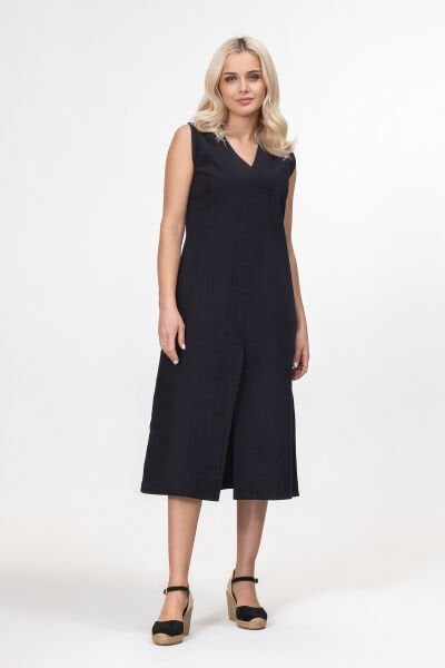 Bold and Young Kadın Yırtmaçlı V Yakalı Kolsuz Pamuklu Elbise 3XL - Siyah