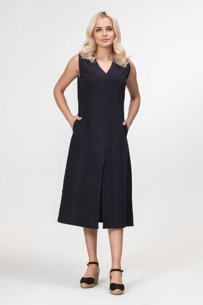 Bold and Young Kadın Yırtmaçlı V Yakalı Kolsuz Pamuklu Elbise 3XL - Siyah