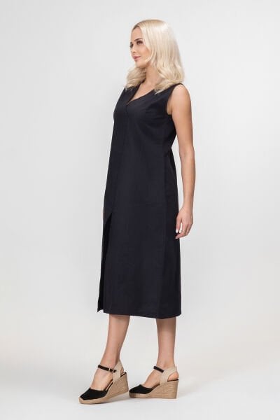 Bold and Young Kadın Yırtmaçlı V Yakalı Kolsuz Pamuklu Elbise 3XL - Siyah