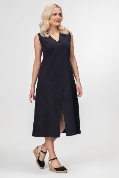 Bold and Young Kadın Yırtmaçlı V Yakalı Kolsuz Pamuklu Elbise 3XL - Siyah