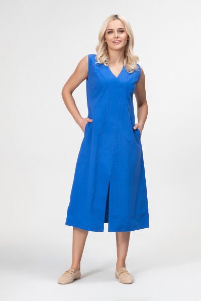 Bold and Young Kadın Yırtmaçlı V Yakalı Kolsuz Pamuklu Elbise S - Saks mavi
