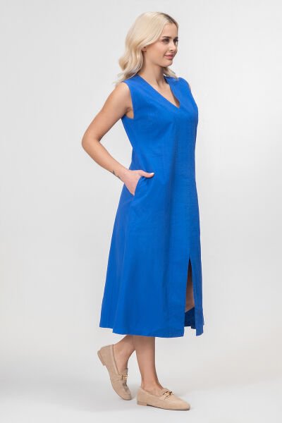 Bold and Young Kadın Yırtmaçlı V Yakalı Kolsuz Pamuklu Elbise S - Saks mavi