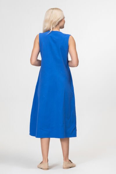 Bold and Young Kadın Yırtmaçlı V Yakalı Kolsuz Pamuklu Elbise S - Saks mavi