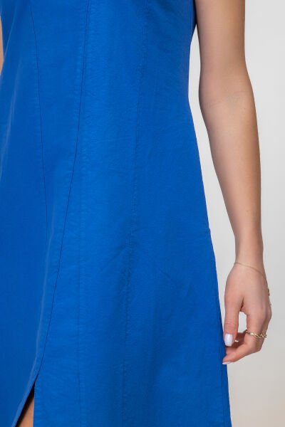 Bold and Young Kadın Yırtmaçlı V Yakalı Kolsuz Pamuklu Elbise S - Saks mavi