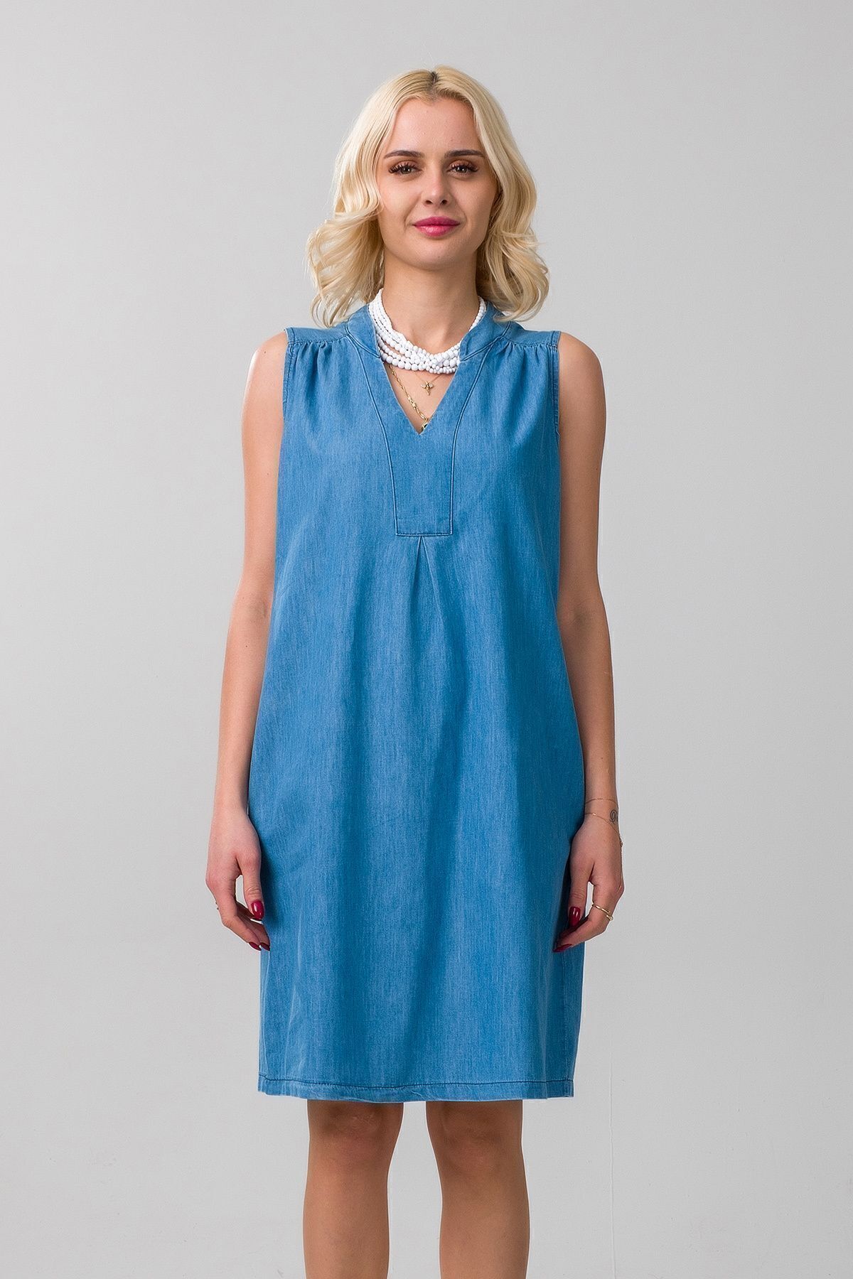 Cepli Yıkanmış Pamuk Likralı Elbise indigo açık mavi - L