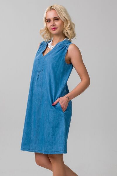 Cepli Yıkanmış Pamuk Likralı Elbise indigo açık mavi - L