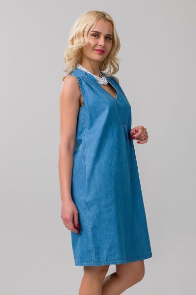 Cepli Yıkanmış Pamuk Likralı Elbise indigo açık mavi - L