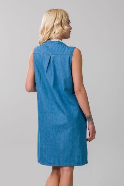 Cepli Yıkanmış Pamuk Likralı Elbise indigo açık mavi - L