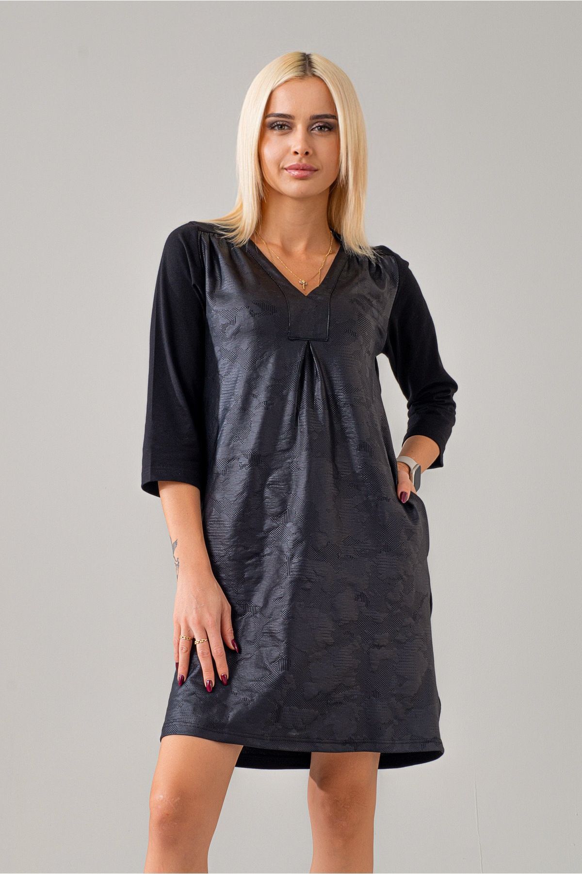 Cepli Yıkanmış Pamuk Likralı Elbise Siyah Deri Efekt - XS