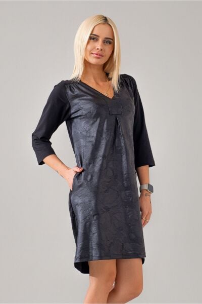 Cepli Yıkanmış Pamuk Likralı Elbise Siyah Deri Efekt - XS