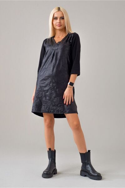 Cepli Yıkanmış Pamuk Likralı Elbise Siyah Deri Efekt - XS