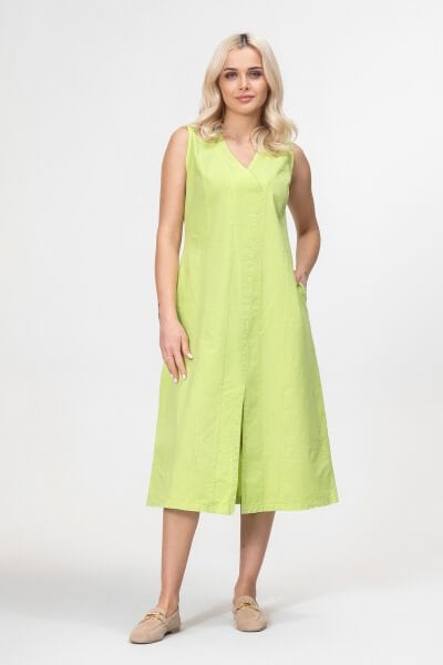 Bold and Young Kadın Yırtmaçlı V Yakalı Kolsuz Pamuklu Elbise 3XL - Yağ Yeşili