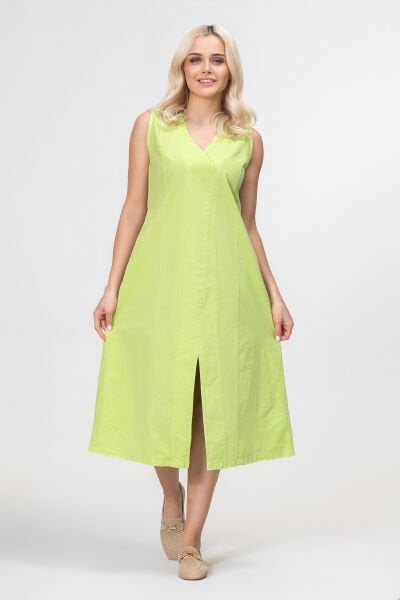 Bold and Young Kadın Yırtmaçlı V Yakalı Kolsuz Pamuklu Elbise 3XL - Yağ Yeşili