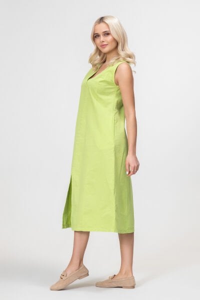 Bold and Young Kadın Yırtmaçlı V Yakalı Kolsuz Pamuklu Elbise 3XL - Yağ Yeşili