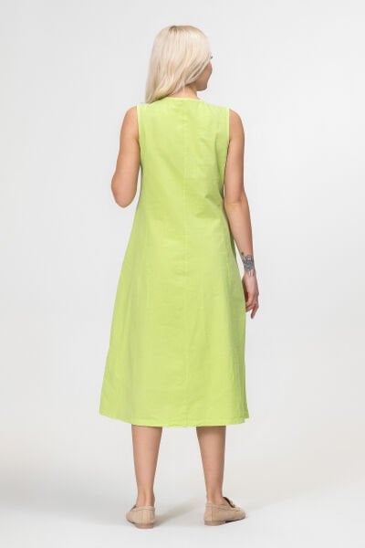 Bold and Young Kadın Yırtmaçlı V Yakalı Kolsuz Pamuklu Elbise 3XL - Yağ Yeşili