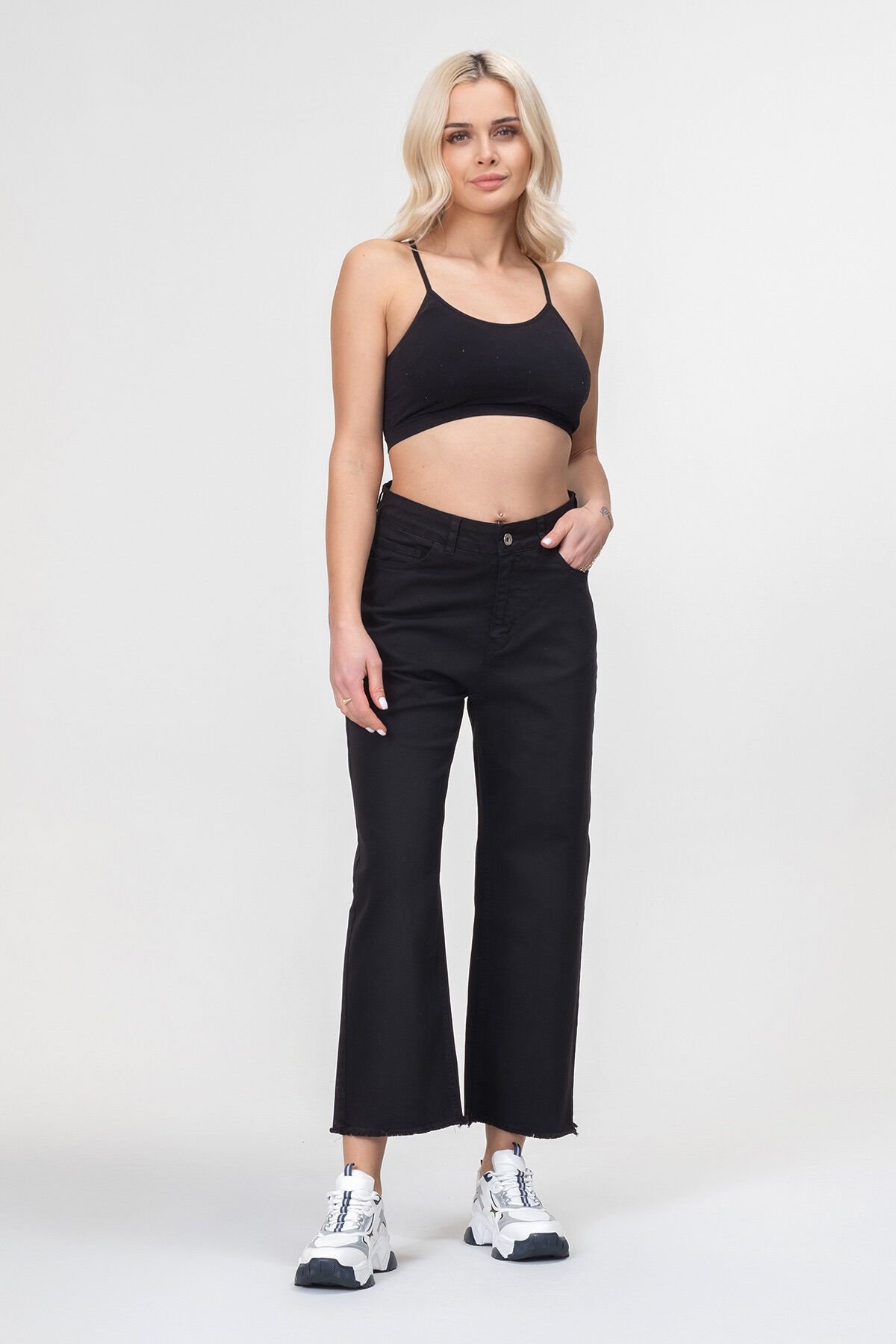 Kadın Bol Paça Beş Cepli Paça Saçaklı Likralı Pamuklu Pantolon XXL - Siyah