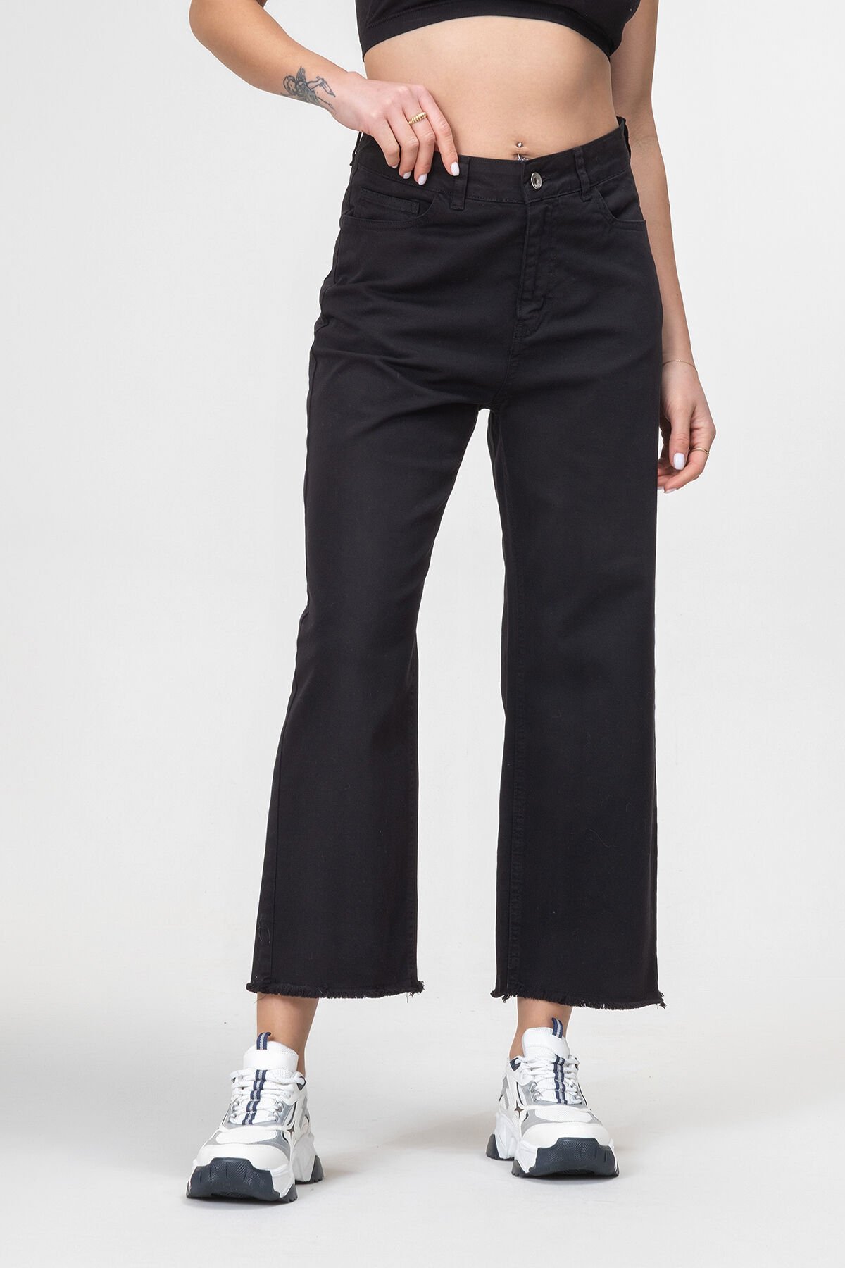 Kadın Bol Paça Beş Cepli Paça Saçaklı Likralı Pamuklu Pantolon XXL - Siyah