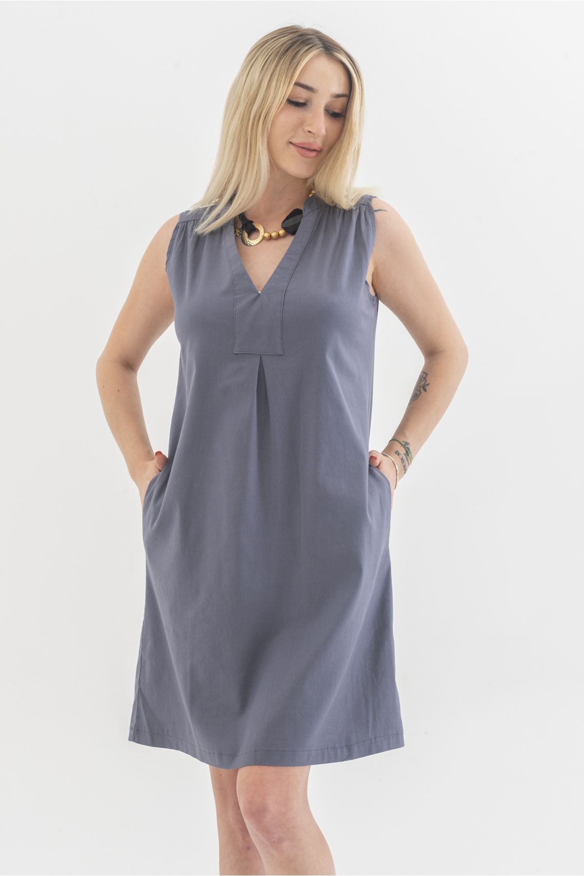 Cepli Yıkanmış Pamuk Likralı Elbise ANTRASİT - XS