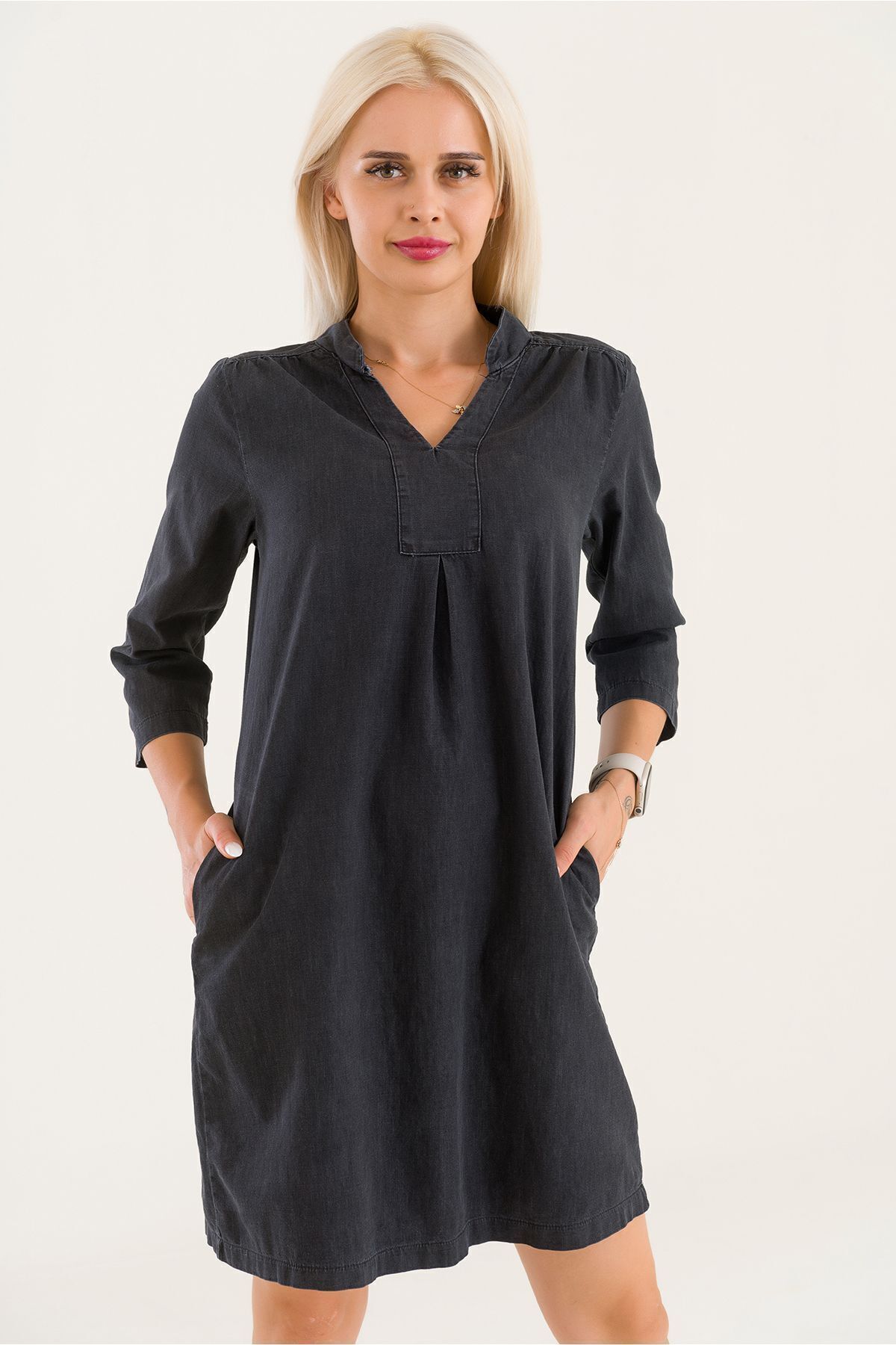 Cepli Yıkanmış Pamuk Likralı Elbise siyah denim - S