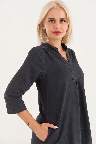 Cepli Yıkanmış Pamuk Likralı Elbise siyah denim - S