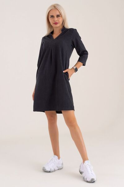 Cepli Yıkanmış Pamuk Likralı Elbise siyah denim - S