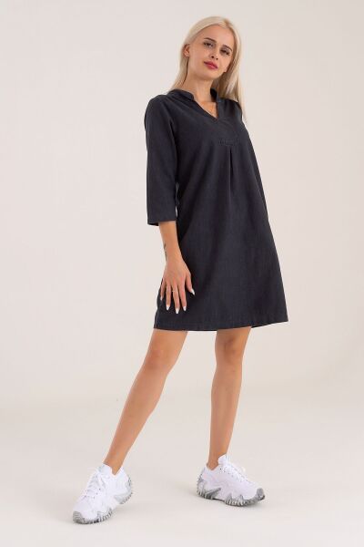 Cepli Yıkanmış Pamuk Likralı Elbise siyah denim - S