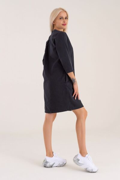 Cepli Yıkanmış Pamuk Likralı Elbise siyah denim - S