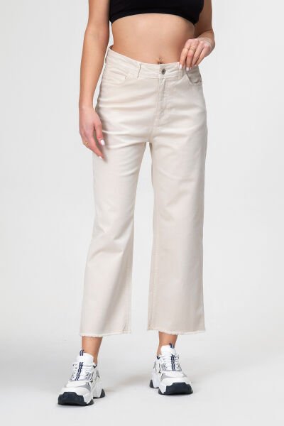 Kadın Bol Paça Beş Cepli Paça Saçaklı Likralı Pamuklu Pantolon XXL - Ekru