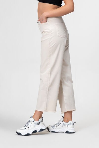 Kadın Bol Paça Beş Cepli Paça Saçaklı Likralı Pamuklu Pantolon XXL - Ekru