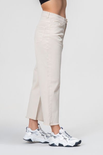 Kadın Bol Paça Beş Cepli Paça Saçaklı Likralı Pamuklu Pantolon XXL - Ekru