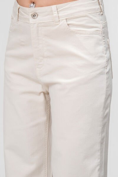 Kadın Bol Paça Beş Cepli Paça Saçaklı Likralı Pamuklu Pantolon XXL - Ekru