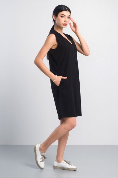 Cepli Yıkanmış Pamuk Likralı Elbise Siyah - 3XL