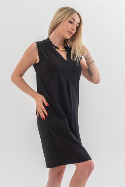 Cepli Yıkanmış Pamuk Likralı Elbise Siyah - 3XL