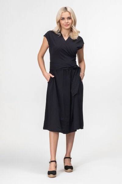 Bold and Young Düşük Kol Cepli Pervazlı Kuşaklı Beden Pamuk Likralı Etek pamuklu Elbise XXL - Siyah