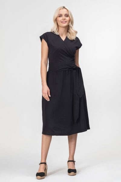 Bold and Young Düşük Kol Cepli Pervazlı Kuşaklı Beden Pamuk Likralı Etek pamuklu Elbise XXL - Siyah