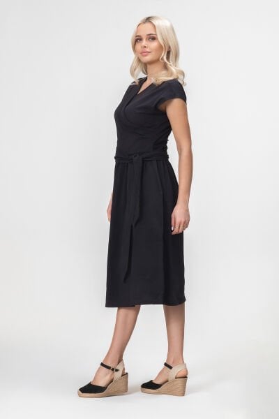 Bold and Young Düşük Kol Cepli Pervazlı Kuşaklı Beden Pamuk Likralı Etek pamuklu Elbise XXL - Siyah