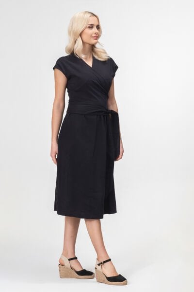 Bold and Young Düşük Kol Cepli Pervazlı Kuşaklı Beden Pamuk Likralı Etek pamuklu Elbise XXL - Siyah