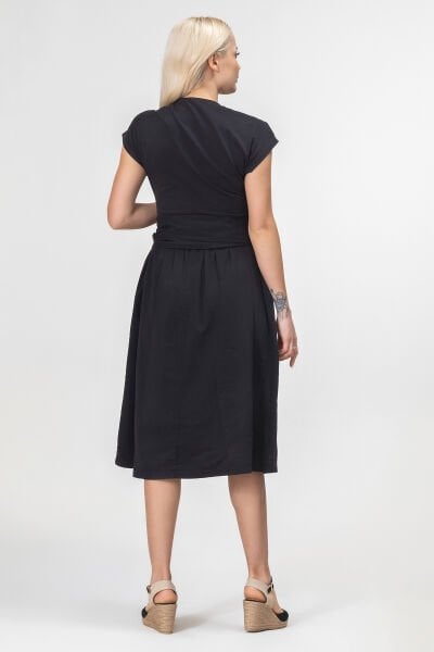 Bold and Young Düşük Kol Cepli Pervazlı Kuşaklı Beden Pamuk Likralı Etek pamuklu Elbise XXL - Siyah