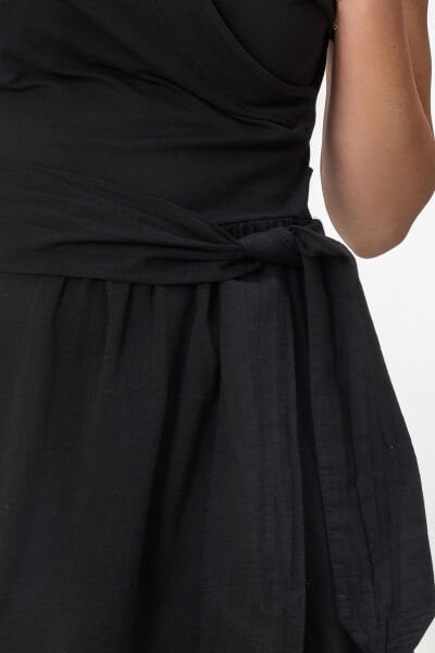 Bold and Young Düşük Kol Cepli Pervazlı Kuşaklı Beden Pamuk Likralı Etek pamuklu Elbise XXL - Siyah