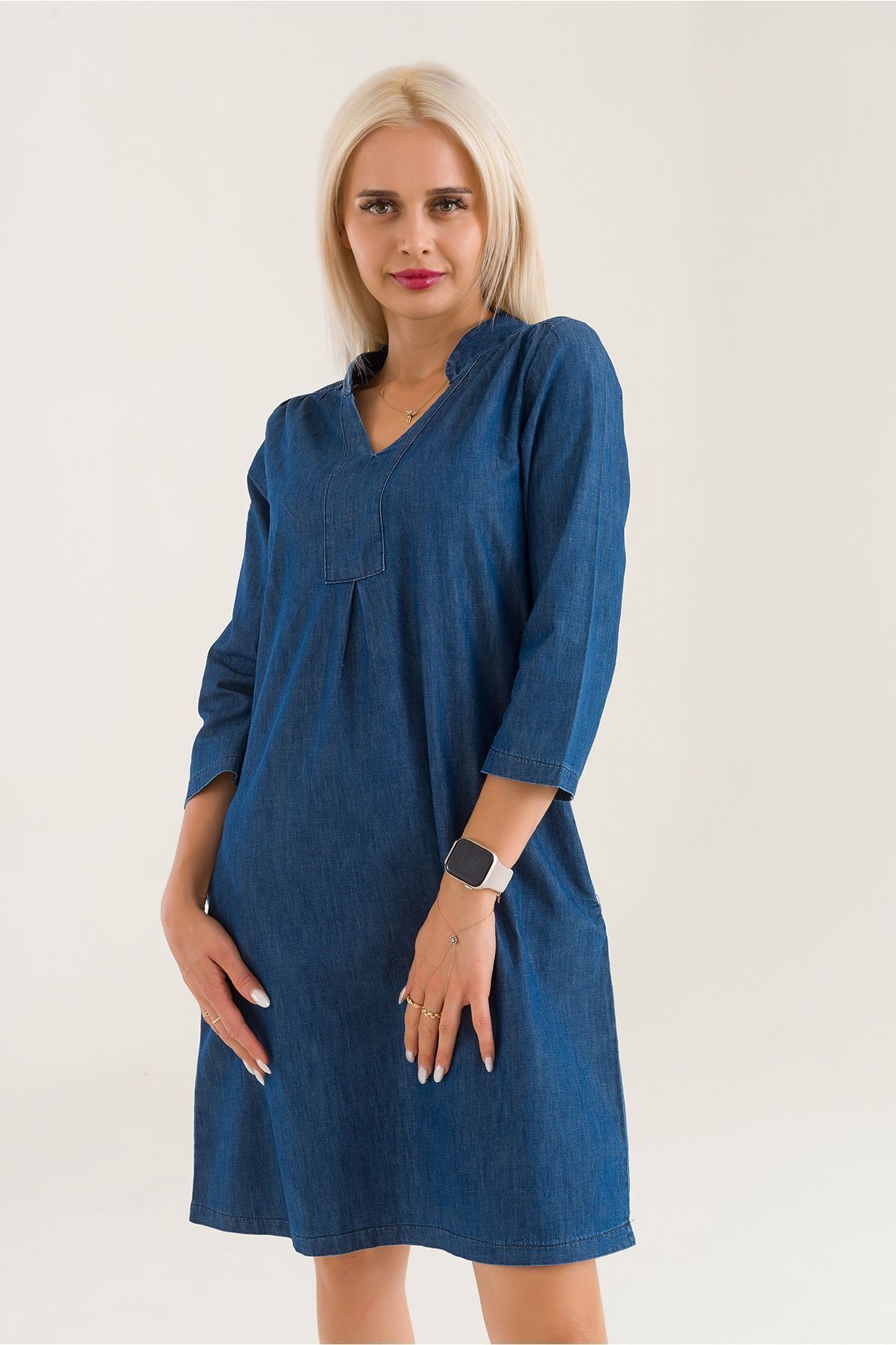 Cepli Yıkanmış Pamuk Likralı Elbise indigo mavi - 2XL