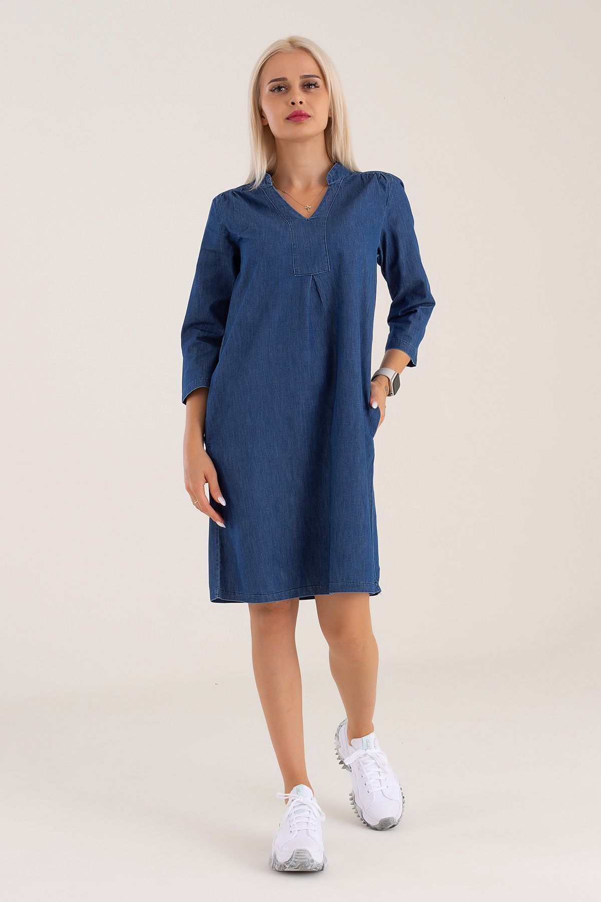 Cepli Yıkanmış Pamuk Likralı Elbise indigo mavi - 2XL