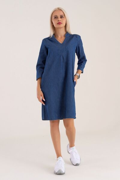 Cepli Yıkanmış Pamuk Likralı Elbise indigo mavi - 2XL