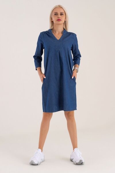 Cepli Yıkanmış Pamuk Likralı Elbise indigo mavi - 2XL