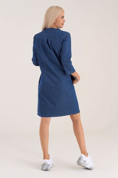 Cepli Yıkanmış Pamuk Likralı Elbise indigo mavi - 2XL