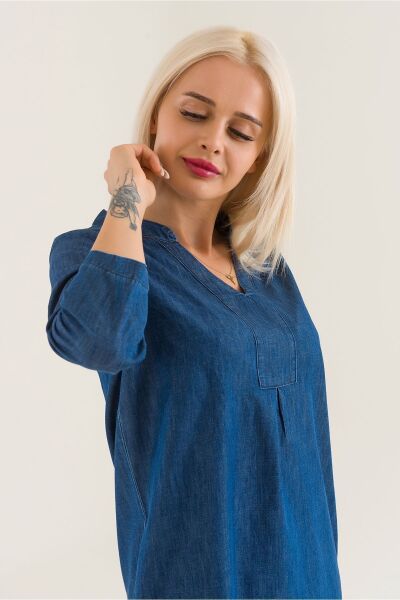 Cepli Yıkanmış Pamuk Likralı Elbise indigo mavi - 2XL