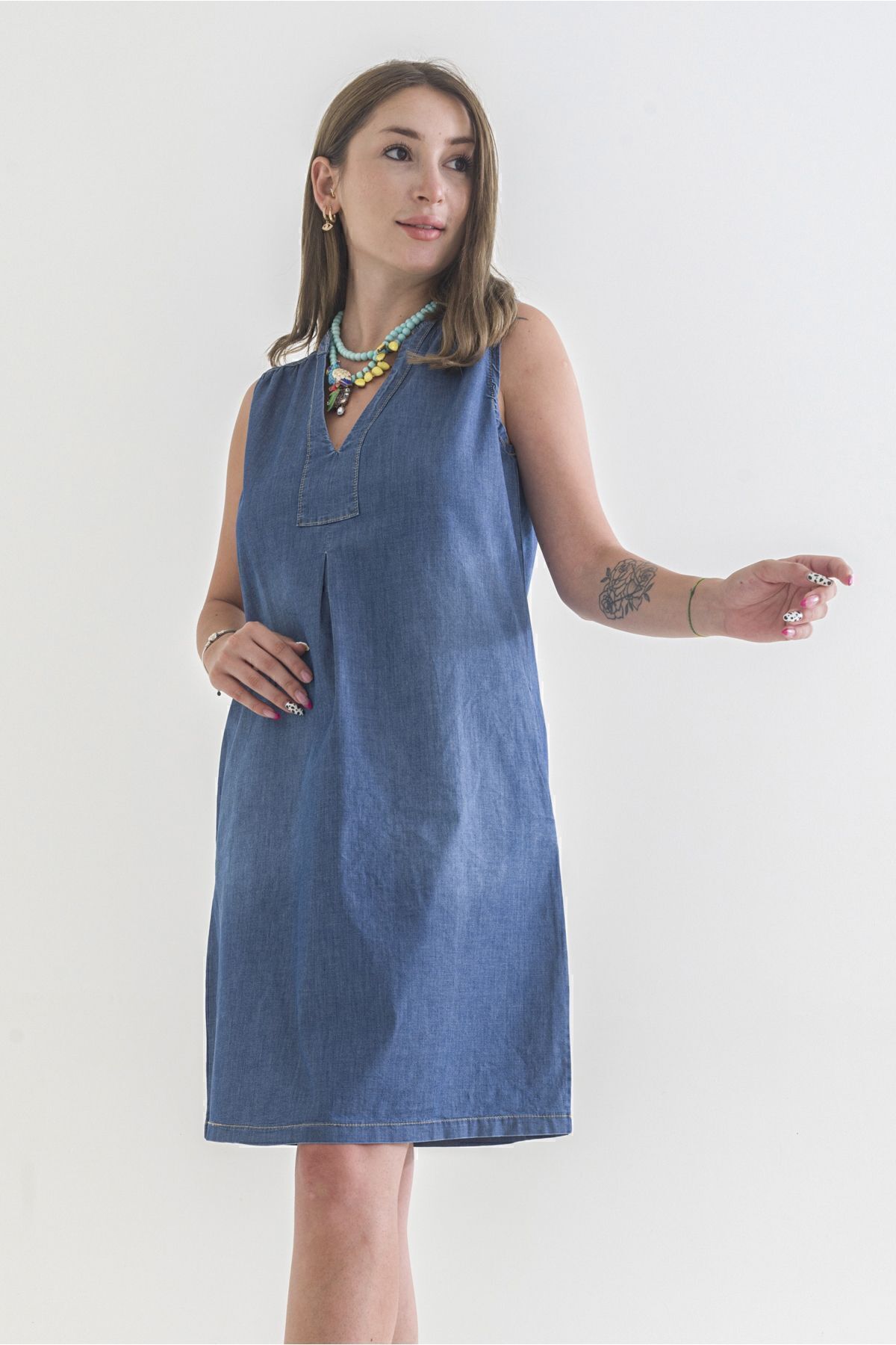 Cepli Yıkanmış Pamuk Likralı Elbise Mavi - XS