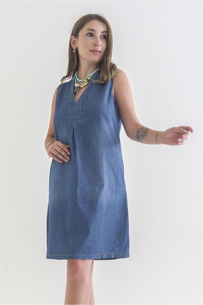 Cepli Yıkanmış Pamuk Likralı Elbise Mavi - XS